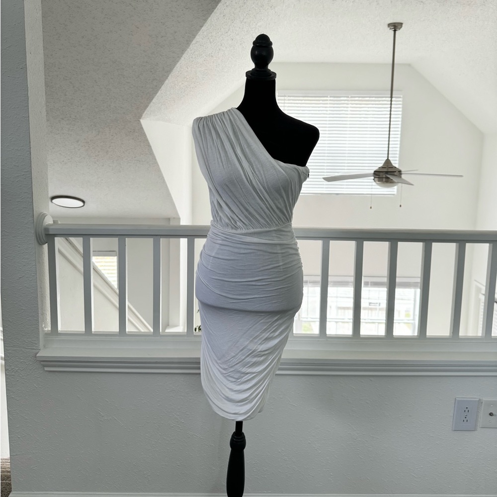 White one-shoulder ruched dress